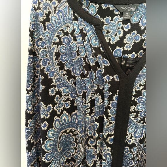 LUCKY BRAND | Navy Blue Paisley Boho Top 3/4 Sleeve Blouse | Size Medium - Picture 4 of 7